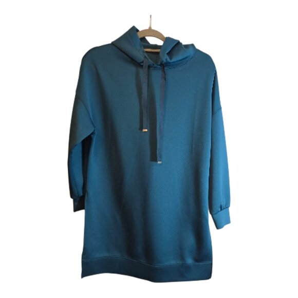 DONNEZ MOI HOODED ATHLETIC TOP LONG LENGTH SIDE SLITS NWOT TEAL SIZE M-L - Picture 1 of 9